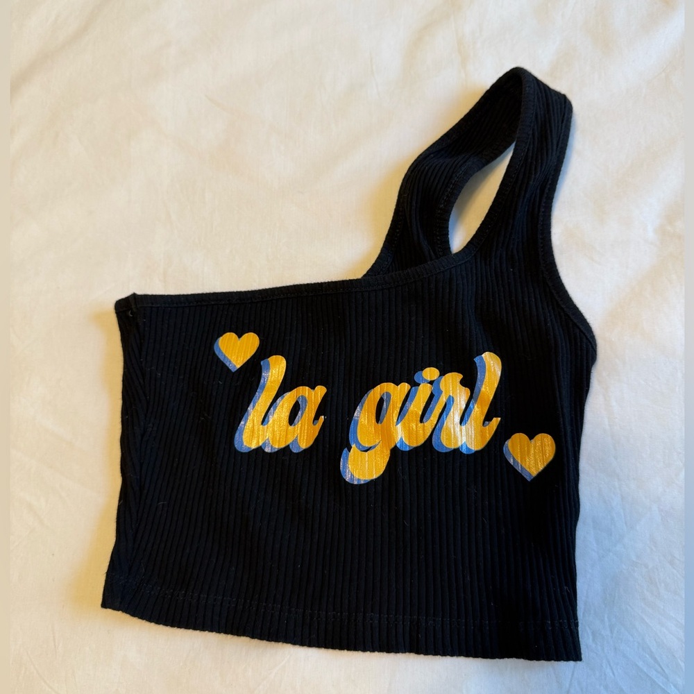 UCLA inspired Black Ribbed XS, Asymmetrical Top with blue and yellow
